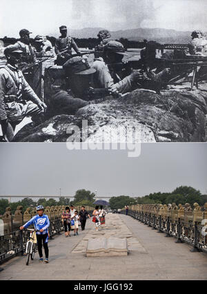 (170706) -- BEIJING, 6 juillet 2017 (Xinhua) -- La partie supérieure de la photo montre des soldats chinois combats difficile de résister aux envahisseurs japonais au pont Lugou à Beijing (fichier). La partie inférieure prise par Zhang Chenlin montre aux gens de visiter Pont Lugou le 3 juillet 2017. La Chine est le premier pays à lutter contre les forces fascistes. La lutte a commencé le 18 septembre 1931, lorsque les troupes japonaises ont commencé leur invasion du nord-est de la Chine. Il a été exacerbé lorsque le Japon's invasion à grande échelle a commencé après un point d'accès à Beijing, Pont Lugou, également connu sous le pont Marco Polo, a été attaqué par Banque D'Images