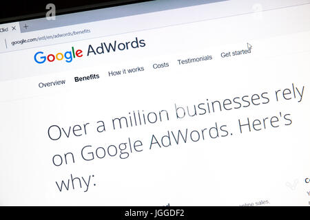 Google Adwords site web sur un écran d'ordinateur. Google AdWords est un service de publicité en ligne. Banque D'Images