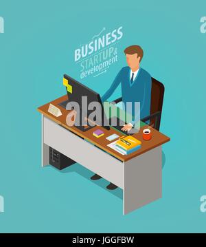 Concept d'entreprise. Homme d'affaires, l'homme assis à un bureau avec ordinateur. Employée de bureau, travail, lieu de travail, l'icône de carrière. Télévision vector illustration Illustration de Vecteur