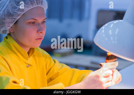 Technicien de laboratoire inspecte les flacons et d'ampoules pour les particules dans un liquide et contenant des défauts. Conditions spéciales de lumière dans le laboratoire. Banque D'Images