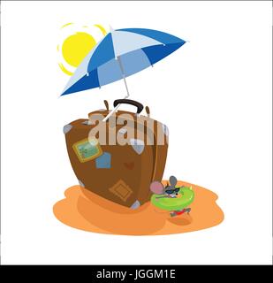 Vecteur numérique funny cartoon big brown valise Voyage à la plage avec chaises et parasol à rayures bleues, heureux de la souris avec des lunettes de soleil et la natation Illustration de Vecteur
