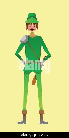 Vecteur numérique kid cartoon caractère simple jeune homme en costume vert à l'épée et robinhood moustache, abstract style plat Illustration de Vecteur