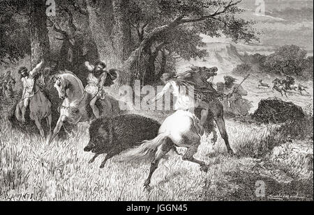 La chasse sangliers et autres animaux au cours de l'Age du Fer. À partir de l'homme primitif, publié en 1870. Banque D'Images