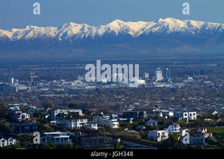 Christchurch CBD et les Alpes du Sud, Canterbury, île du Sud, Nouvelle-Zélande Banque D'Images