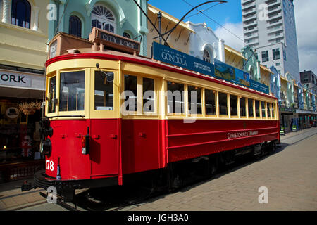 Tram et immeubles Art déco, New Regent Street, Christchurch, Canterbury, île du Sud, Nouvelle-Zélande Banque D'Images