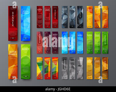 Des modèles de bannières web vertical avec un arrière-plan couleur polygonale et éléments de conception géométrique. Vector illustration. Set Banque D'Images