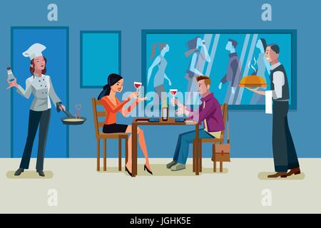 Un homme et une femme d'avoir un dîner romantique dans un restaurant.Le chef et le serveur sert des clients. Illustration de Vecteur