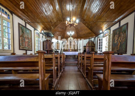 Vue de l'intérieur de l'église de style allemand Fachwerk Immigrants à Village Park (Parque Aldeia do Imigrante) - Nova Petropolis, Rio Grande do Sul, Brésil Banque D'Images