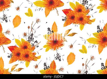 Seamless Pattern gerbera fleurs d'automne fleurs magnifiques feuilles tournesol frêne berry fond papier peint orange, jaune style aquarelle conception illust Illustration de Vecteur