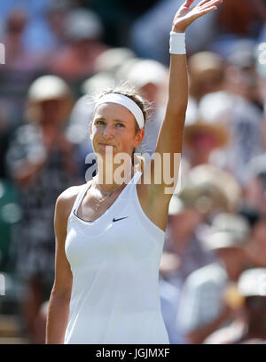 Londres, Royaume-Uni. 7 juillet, 2017. Victoria Azarenka du Bélarus célèbre après les dames en troisième match avec Heather Watson de Grande-Bretagne à Wimbledon 2017 le championnat à Wimbledon, Londres, Grande-Bretagne le 7 juillet 2017. Credit : Han Yan/Xinhua/Alamy Live News Banque D'Images
