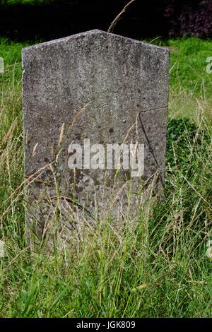 Pierre tombale et l'herbe haute dans le bas, cimetière Le cimetière de St Barthélemy, Exeter, Devon, UK. Juillet, 2017. Banque D'Images