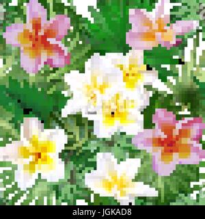Seamless pattern exotique avec des plantes tropicales. Les grandes fleurs plumeria avec feuille de palmier. Vector illustration. Illustration de Vecteur