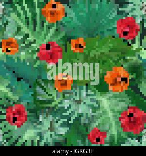 Hand drawn Seamless pattern vecteur tropical avec des fleurs d'hibiscus et de feuilles de palmier exotique sur fond sombre. Illustration de Vecteur