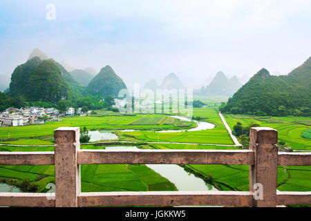 Vue imprenable sur le terrain de riz avec des formations karstiques dans le Guangxi, Chine Banque D'Images