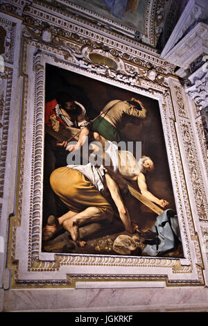 "La Crucifixion de Saint Pierre", par le Caravage dans la chapelle cerasi, Santa Maria del Popolo, Rome, Italie. Banque D'Images