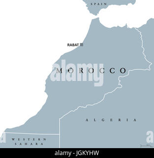Carte politique avec le Maroc capitale Rabat et frontières. Royaume Uni et pays arabes dans la région du Maghreb, d'Afrique du Nord. Gris illustration. Banque D'Images