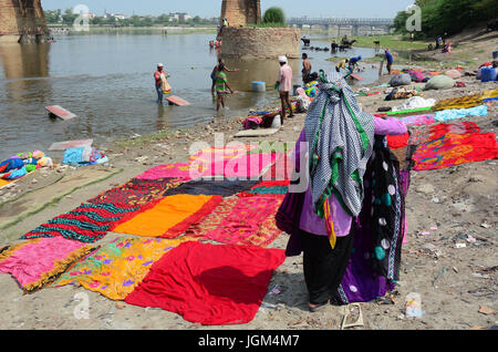 Agra, Inde - Jul 13, 2015. Une femme à fruits de mer sur la rive de la rivière Yamuna à Agra, en Inde. Agra abrite le magnifique Taj Mahal, l'un de la mos Banque D'Images