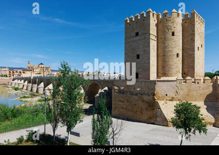 Cordoba, Cordoue, Andalousie, province du sud de l'Espagne. Torre de Calahorra (droite), pont romain et de la mosquée, la Mezquita. Le centre historique de Banque D'Images