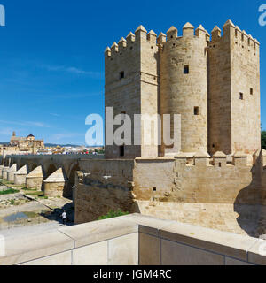 Cordoba, Cordoue, Andalousie, province du sud de l'Espagne. Torre de Calahorra (droite), pont romain et de la mosquée, la Mezquita. Le centre historique de Banque D'Images