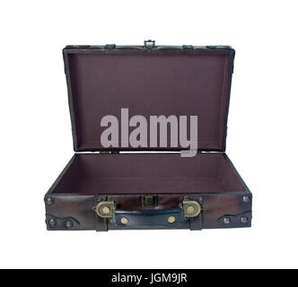 Ouvrir vintage valise utilisée pour transporter des vêtements et essentials lors de voyages - Chemin inclus Banque D'Images