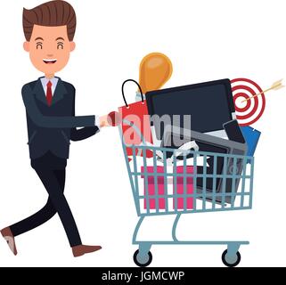 Business man pushing shopping cart full Illustration de Vecteur