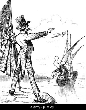 1879 : fin du 19e siècle une caricature politique de l'Oncle Sam, le maintien des immigrants chinois à la baie : 'Garder off ! Vous êtes si industrieux et économique que nos garçons ne peuvent rivaliser avec vous', San Francisco, Californie, États-Unis d'Amérique Banque D'Images