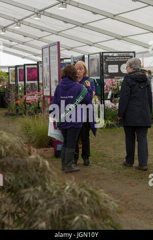 2 volontaires de sexe féminin (travail en collaborant en tant que plante finders) stand de parler ensemble dans les manifestations - RHS Flower Show showground Chatsworth, Derbyshire, Angleterre, Royaume-Uni. Banque D'Images