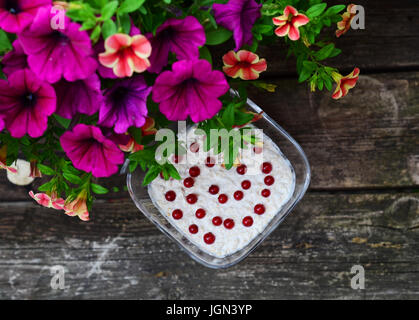 Bol de gruau avec oatflakes, lait de coco, et groseilles rouges dans un bol en verre, vue du dessus Banque D'Images