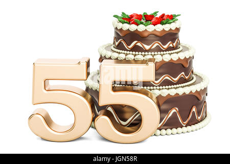 Gâteau au chocolat avec nombre d'or 55, 3D Rendering isolé sur fond blanc Banque D'Images