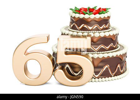 Gâteau au chocolat avec nombre d'or 65, 3D Rendering isolé sur fond blanc Banque D'Images