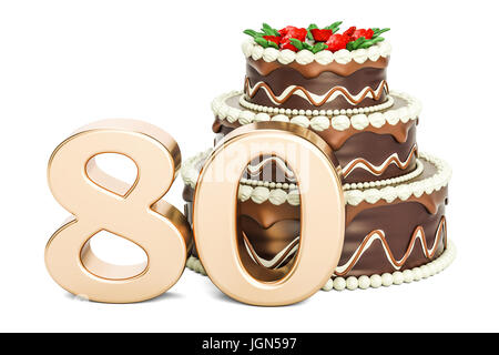 Gâteau au chocolat avec nombre d'or 80, 3D Rendering isolé sur fond blanc Banque D'Images