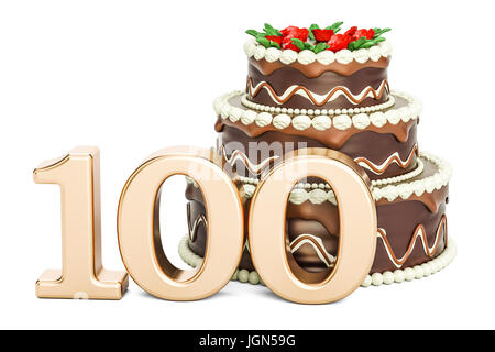 Gâteau au chocolat avec nombre d'or 100, 3D Rendering isolé sur fond blanc Banque D'Images