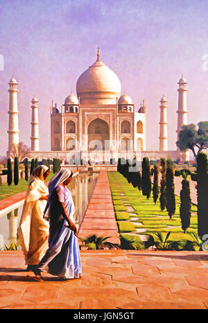 Inde : Le Taj Mahal avec des femmes en saris traditionnels. --Art peinture photo numérique Banque D'Images