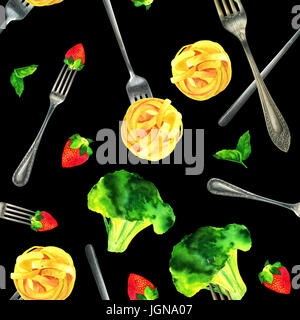 Un modèle uniforme de l'Aquarelle et collage photo avec des dessins sur le thème de la nourriture végétalienne et fourches. Feuilles de menthe, fraise, brocoli, choux et pappard Banque D'Images