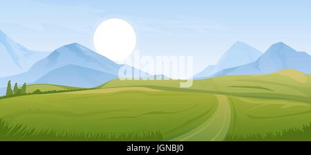 Paysage d'été en milieu rural avec des montagnes Illustration de Vecteur