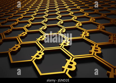Symboles Bitcoin connecté dans un motif. Fond Cryptocurrency. 3D illustration. Banque D'Images