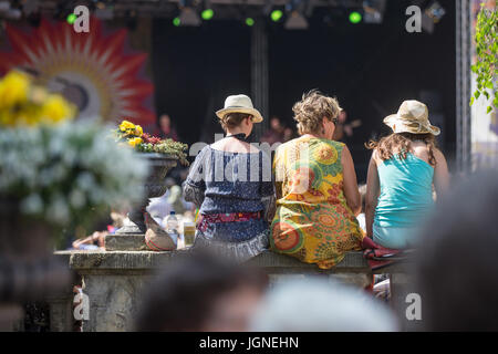 Rudolstadt, Allemagne. 8 juillet, 2017. Les visiteurs suivent un spectacle au château de Heidecksburg à la folk festival à Rudolstadt, Allemagne, le 8 juillet 2017. La petite ville dans le sud-est de la Thuringe se transforme en un point d'accès pour les amateurs de musique de tous les coins Gerany pendant le plus grand festival allemand de musique folk et de musique du monde. Photo : Arifoto Ug/Michael Reichel/dpa-Zentralbild/ZB/dpa/Alamy Live News Banque D'Images