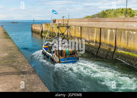 Eyemouth, Ecosse, UK - 18 juillet 2016 : un petit bateau de pêche de quitter le port de Eyemouth dans la région des Scottish Borders. Banque D'Images