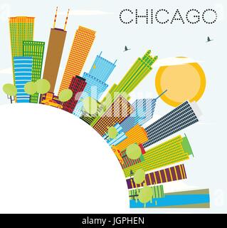 Horizon de Chicago avec les bâtiments et l'espace de copie couleur. vector illustration. Les voyages d'affaires et tourisme concept avec l'architecture moderne. Illustration de Vecteur