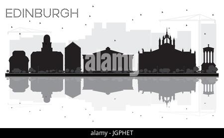 Edinburgh City skyline silhouette noir et blanc avec reflets. vector illustration. cityscape avec repères. Illustration de Vecteur