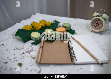 Ordinateur portable écologique sur un fond blanc avec une feuille de monstres et macarons Banque D'Images