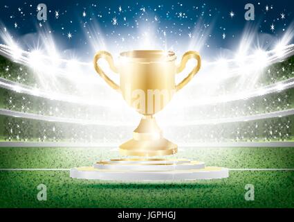 Golden Winner Cup avec des projecteurs sur Stadium. Arena Soccer avec l'herbe verte. Vector Illustration. Illustration de Vecteur