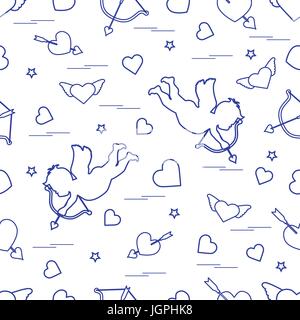 Motif transparent mignon avec cupidon tire un arc et des cœurs. Symbole d'amour. Pour la conception d'affiches, de bannières ou d'impression. Illustration de Vecteur