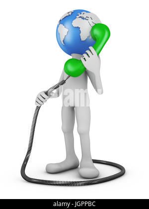 Homme avec globe tête avec le combiné. Le rendu 3d. Banque D'Images