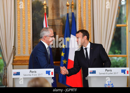 Paris, France. 8e juillet, 2017. Le président français, Emmanuel Macron et le Premier Ministre australien, Malcolm Turnbull lors d'une conférence de presse à l'Elysée à Paris, samedi 8 Juillet 2017 : Crédit François pauletto/Alamy Live News Banque D'Images