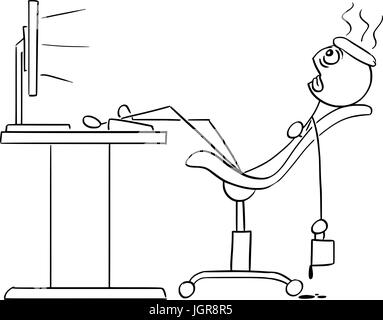 Cartoon vector stick man stickman dimensions de l'homme assis épuisé de fatigue devant l'ordinateur avec les jambes sur le bureau la tête de refroidissement avec de la glace et Illustration de Vecteur