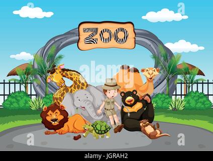 Scène au zoo avec les animaux de zoo et illustration Illustration de Vecteur