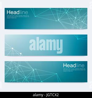 Ensemble de vecteur scientifique moderne des bannières. La structure d'ADN avec des lignes et points. Vecteur de la science historique. Technologie médicale, chimie, conception. Illustration de Vecteur