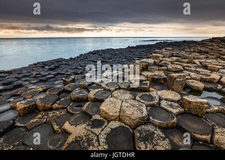 Les formations de basalte hexagonal de la Chaussée des Géants en Irlande du Nord. Banque D'Images