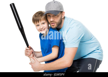 L'enseignement du père, son fils comment jouer au baseball isolated on white Banque D'Images